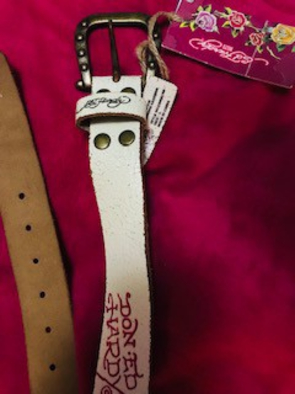 Ed Hardy White Belt with Gold Buckle and Pink Tag
